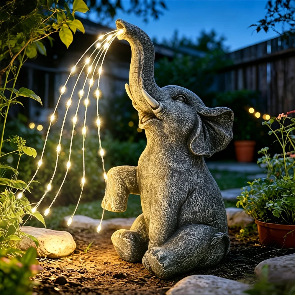 Figurine-Elephant Sculpture, Solar Water Spraying Elephant Sculpture, Outdoor, IP44 Waterproof, LED Lucky Elephant Ornament, Solar Light Sculpture