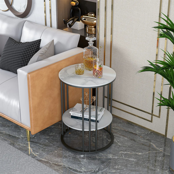 Accent Table- 2 Tier Sintered Stone End Table, Round White Sofa Table, Side Table, Small Coffee Table with Black Frame, Bedside Nightstand
