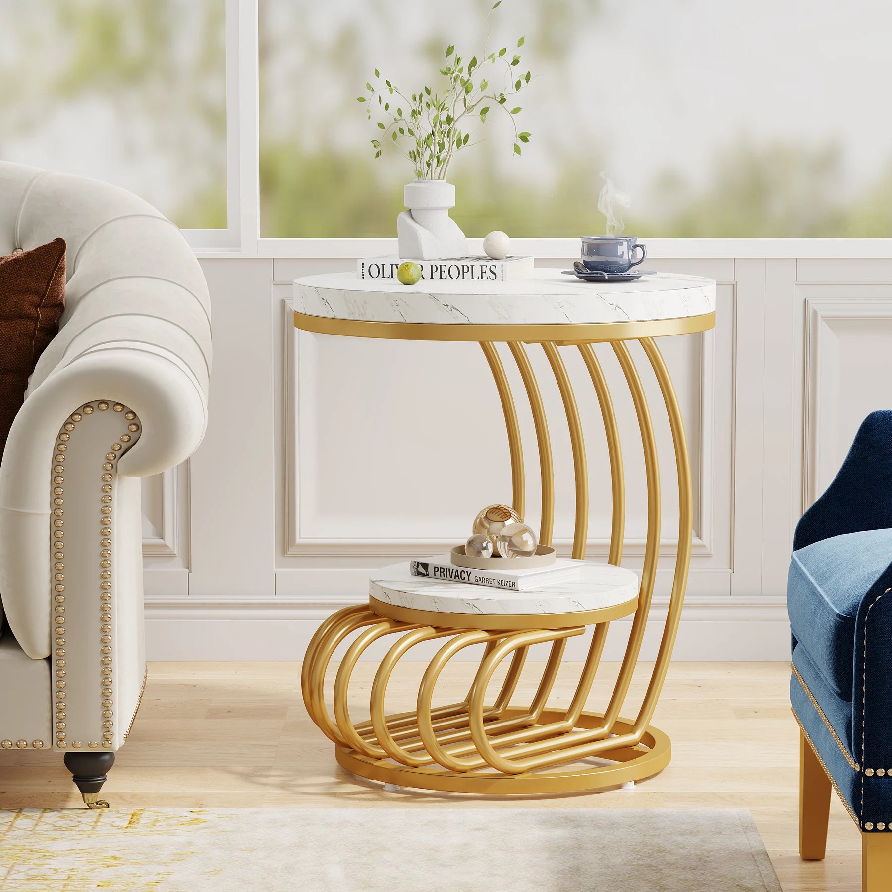 End Table-Tribesigns Gold Round Table, 2 Tiers Faux Marble Side Table, Table with Storage Shelf, Modern White Gold Bedside Table