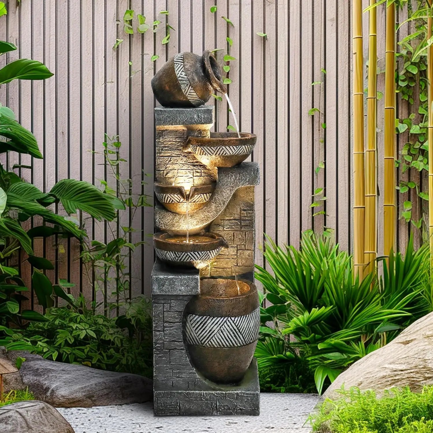 Water Fountain-LED Lights, 5 Tiers, Indoor/Outdoor, Garden, 42.5 in, Modern Floor-Standing, Cascading, Water Feature, Suitable for Deck