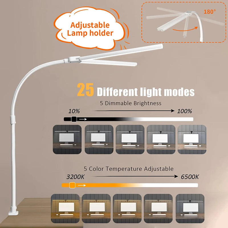 LED Desk Lamp-LAOPAO Double Head LED Desk Lamp Architect Desk Lamps, 24W Brightest, 5 Color Modes, 5 Dimmable, Eye Protection lamp