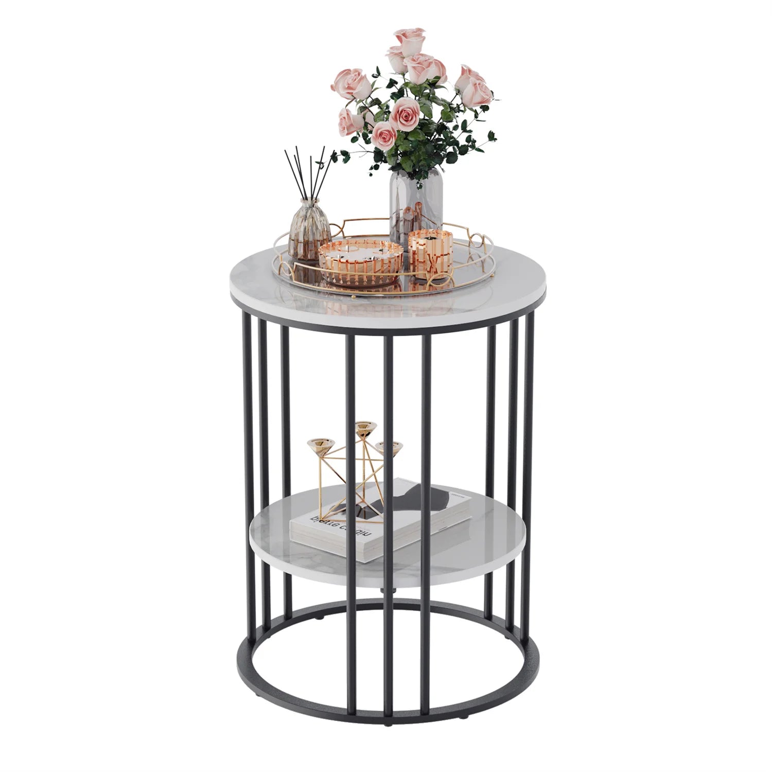 Accent Table- 2 Tier Sintered Stone End Table, Round White Sofa Table, Side Table, Small Coffee Table with Black Frame, Bedside Nightstand