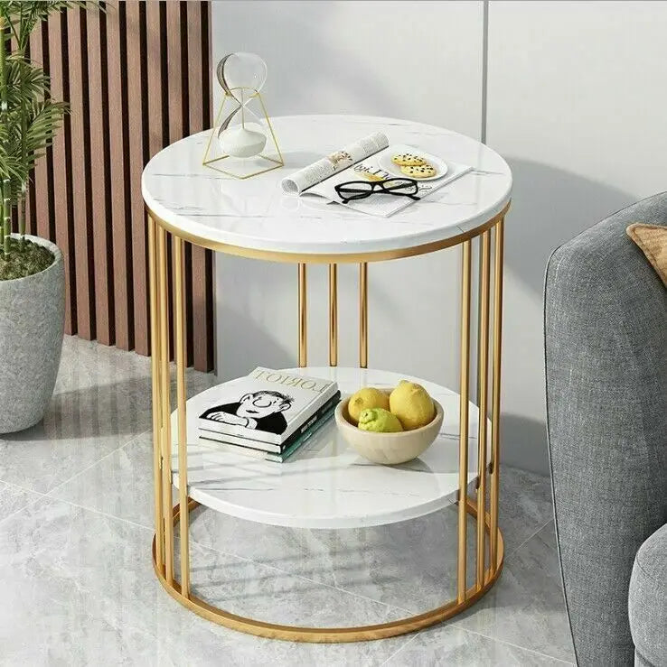 Accent Table- 2-Tier White Marble Side Table, Round Coffee Table, Nightstand, Jewelry Storage