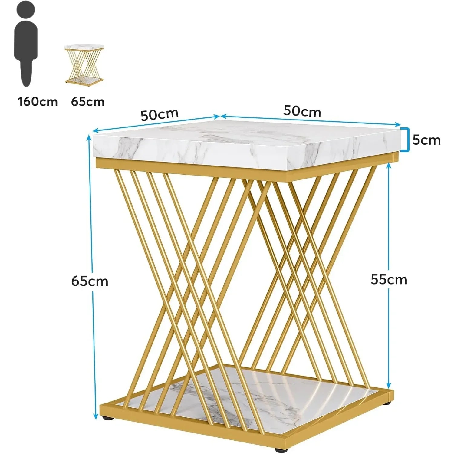 End Table-Square End Table, White Gold, 2-Tier Side Table, Modern Small Bedside Table with Storage for Couch ( Faux Marble White+Gold)