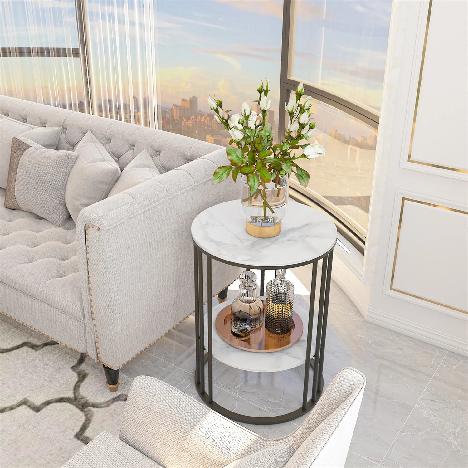 Accent Table- 2 Tier Sintered Stone End Table, Round White Sofa Table, Side Table, Small Coffee Table with Black Frame, Bedside Nightstand