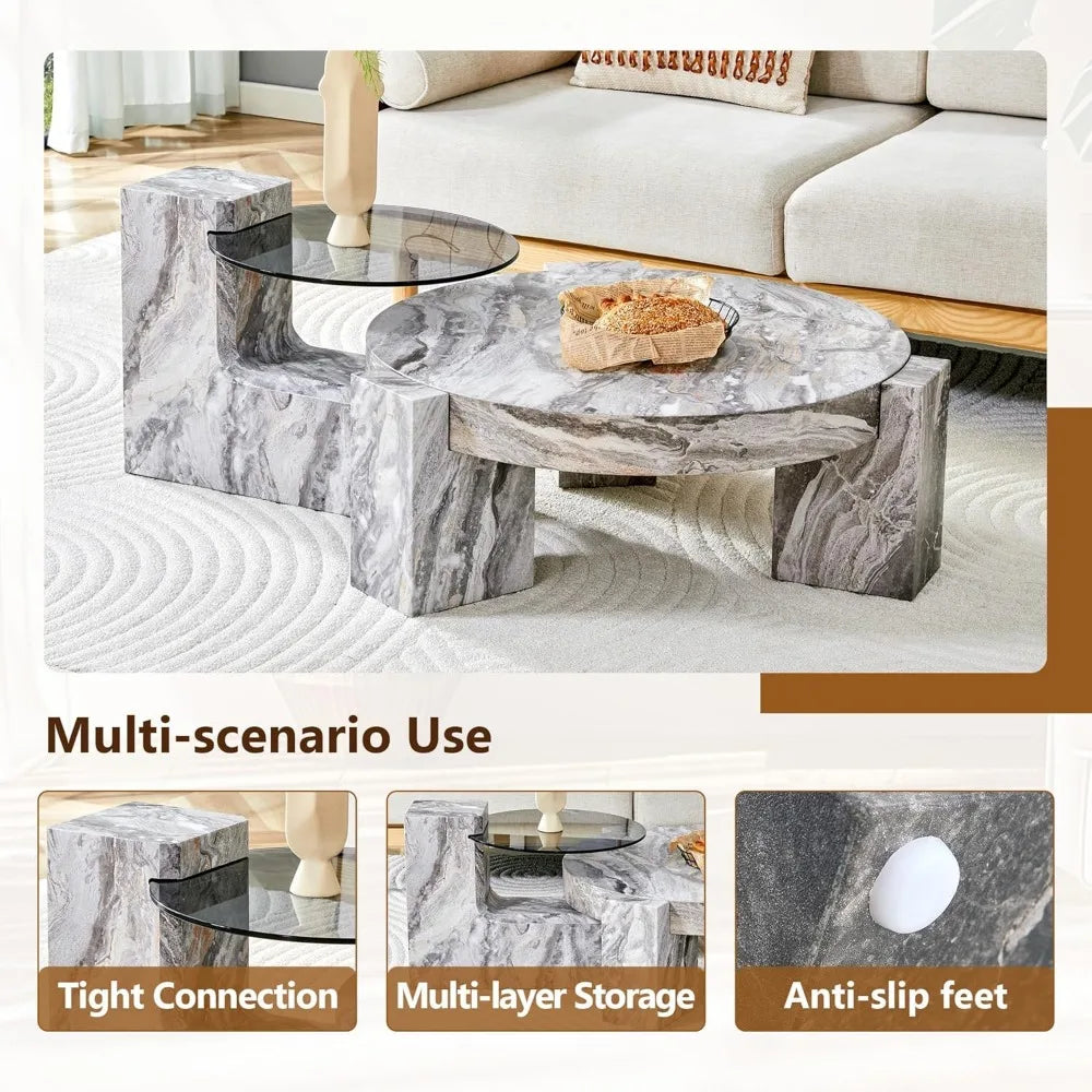 Coffee Table-Round Set of 2, Gray Faux Marble, Glass top End Table, Modern Circular Detachable Nesting