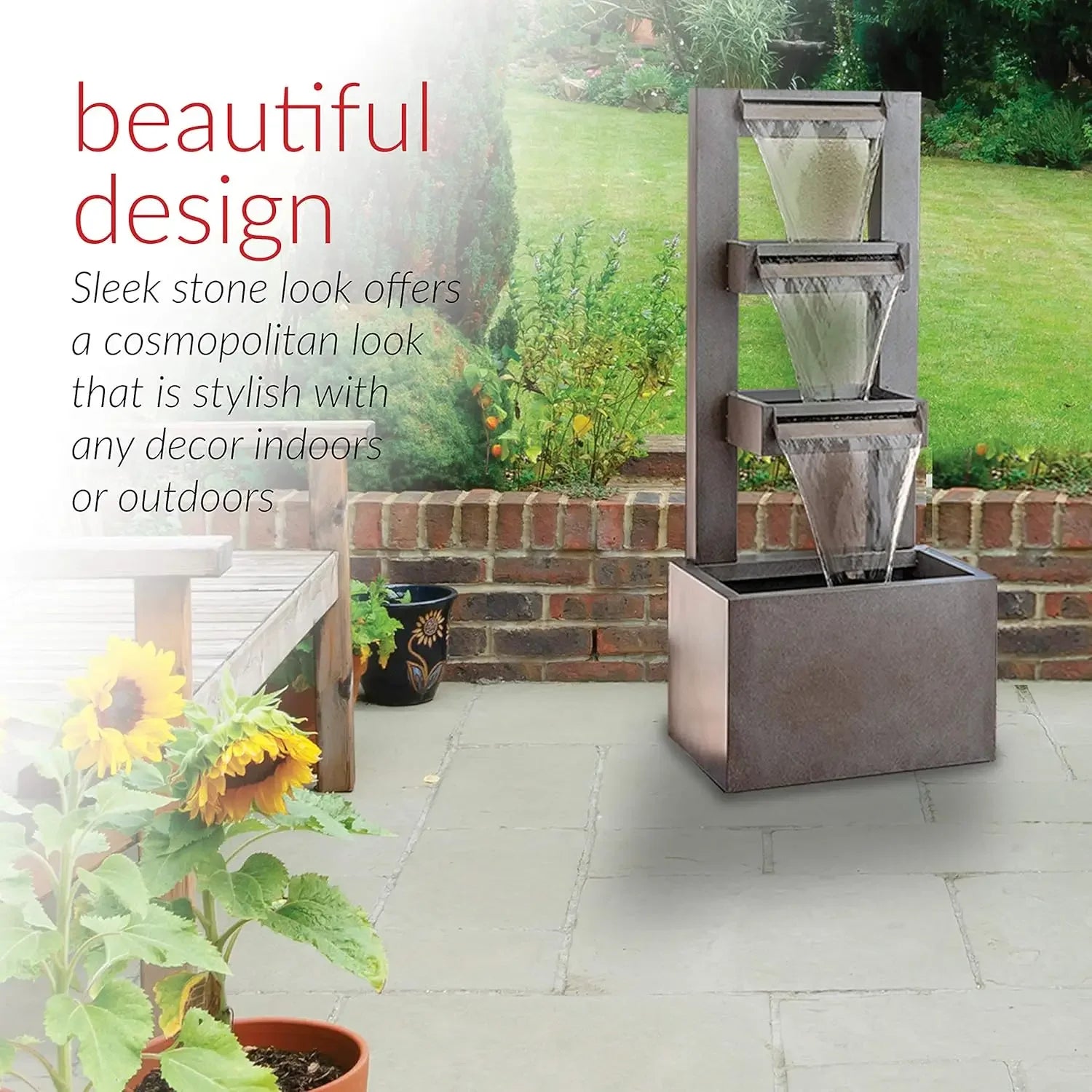 Water Fountain-43 inch High Outdoor Floor Industrial Multi-Tiered Soothing Waterfall Fountain, Gray, Guaranteed Authentic. CPS182