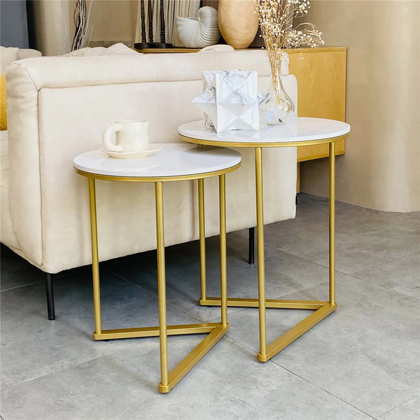Accent Table-Modern Round Marble Table, Metal Base Table, Nesting Set Tables, Side Accent Table, Living Room Storage Small End Table, Marble and Gold