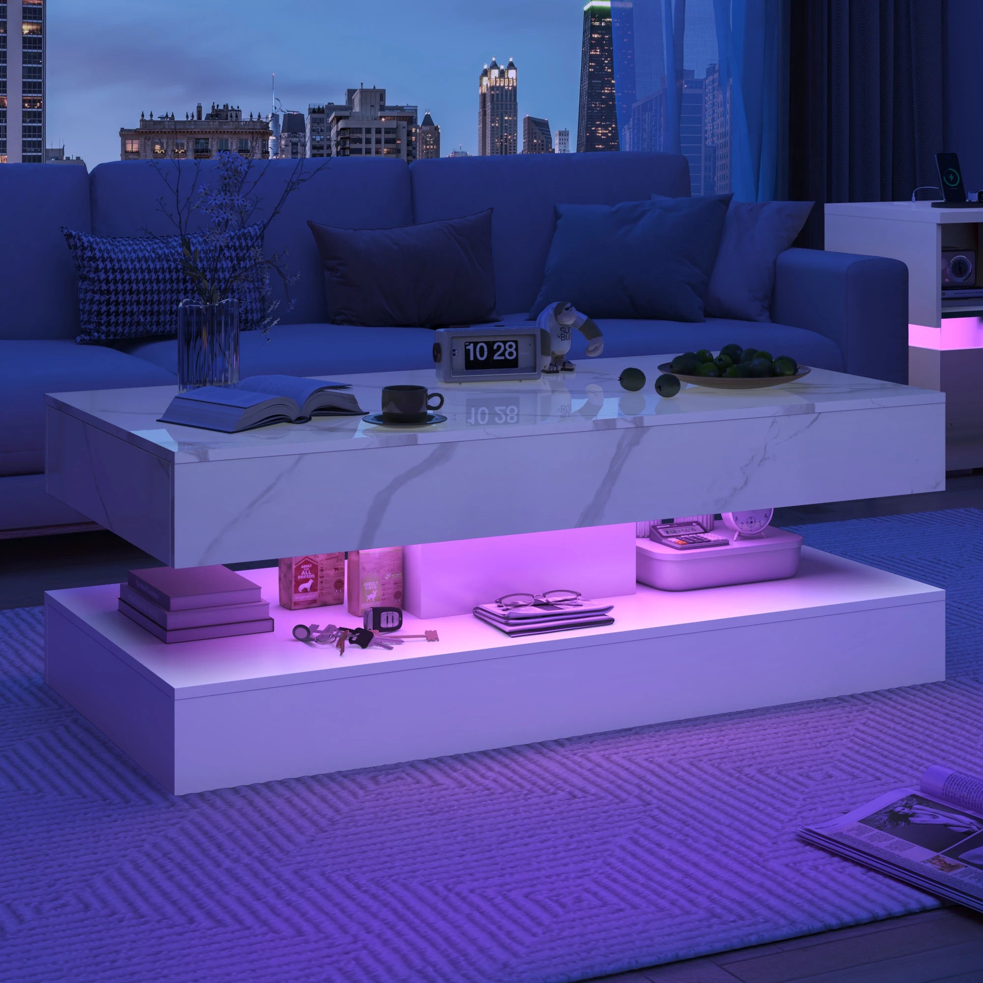 Coffee Table-Modern Stylish Coffee Table with LED lights, Double-Layer Design for Living Room Coffee Table with 2 Storage Drawers