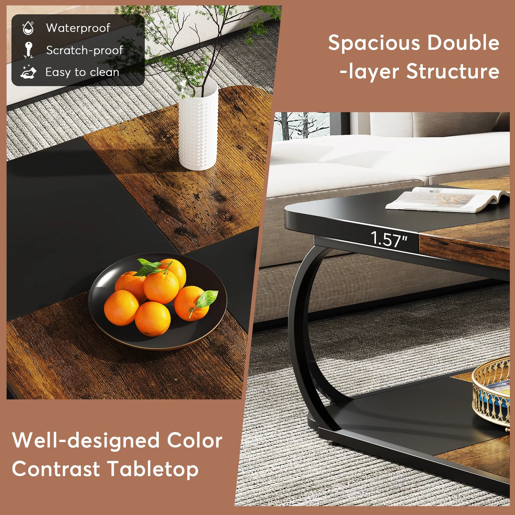 Coffee Table-Tribesigns Square Coffee Table, with 2 Tiers, 40 inches, Low Farmhouse Coffee Table, with Wood Storage Shelf, Heavy Duty Metal Curve