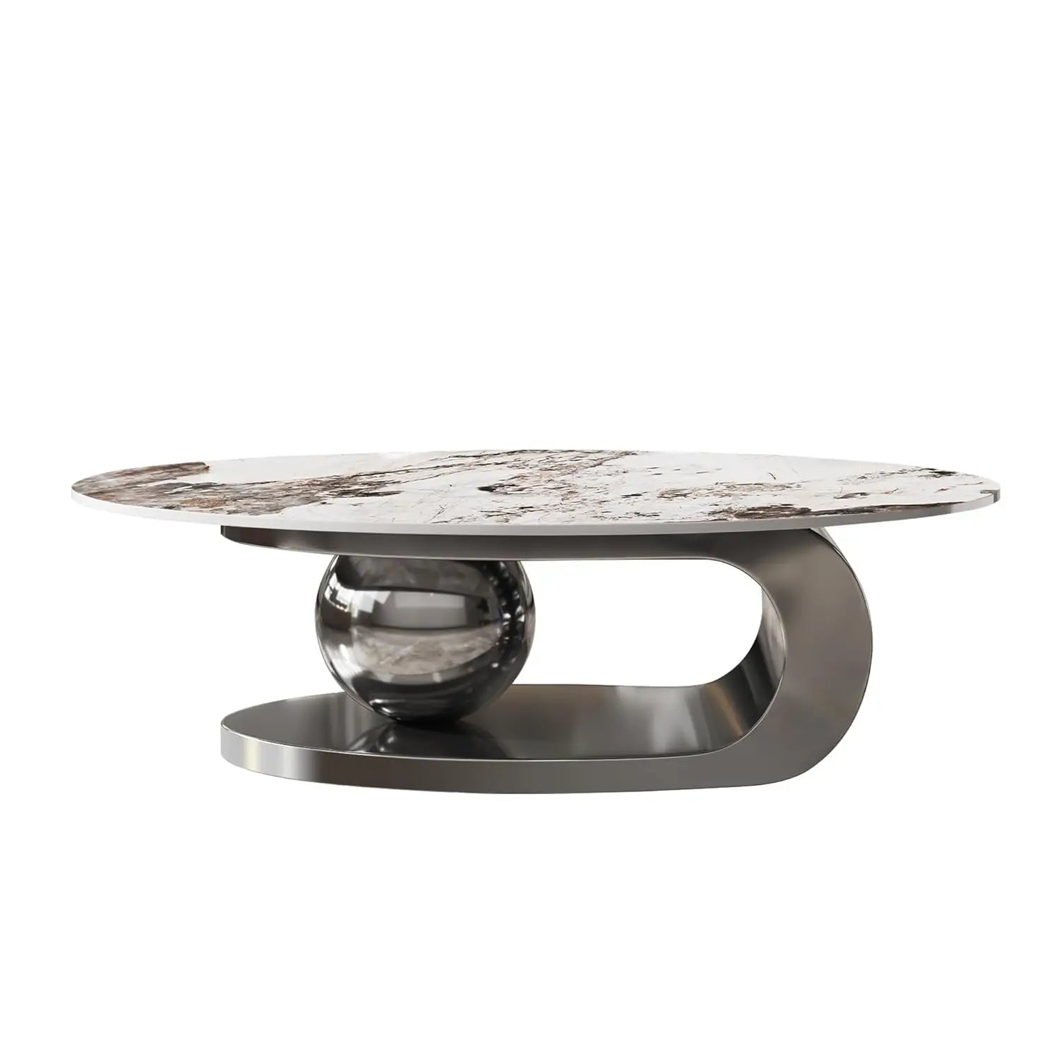 Coffee Table-Modern with Silver Stainless Steel Pedestal, Oval, Living Room Table, with Faux Marble Top, & Luxury, Customized