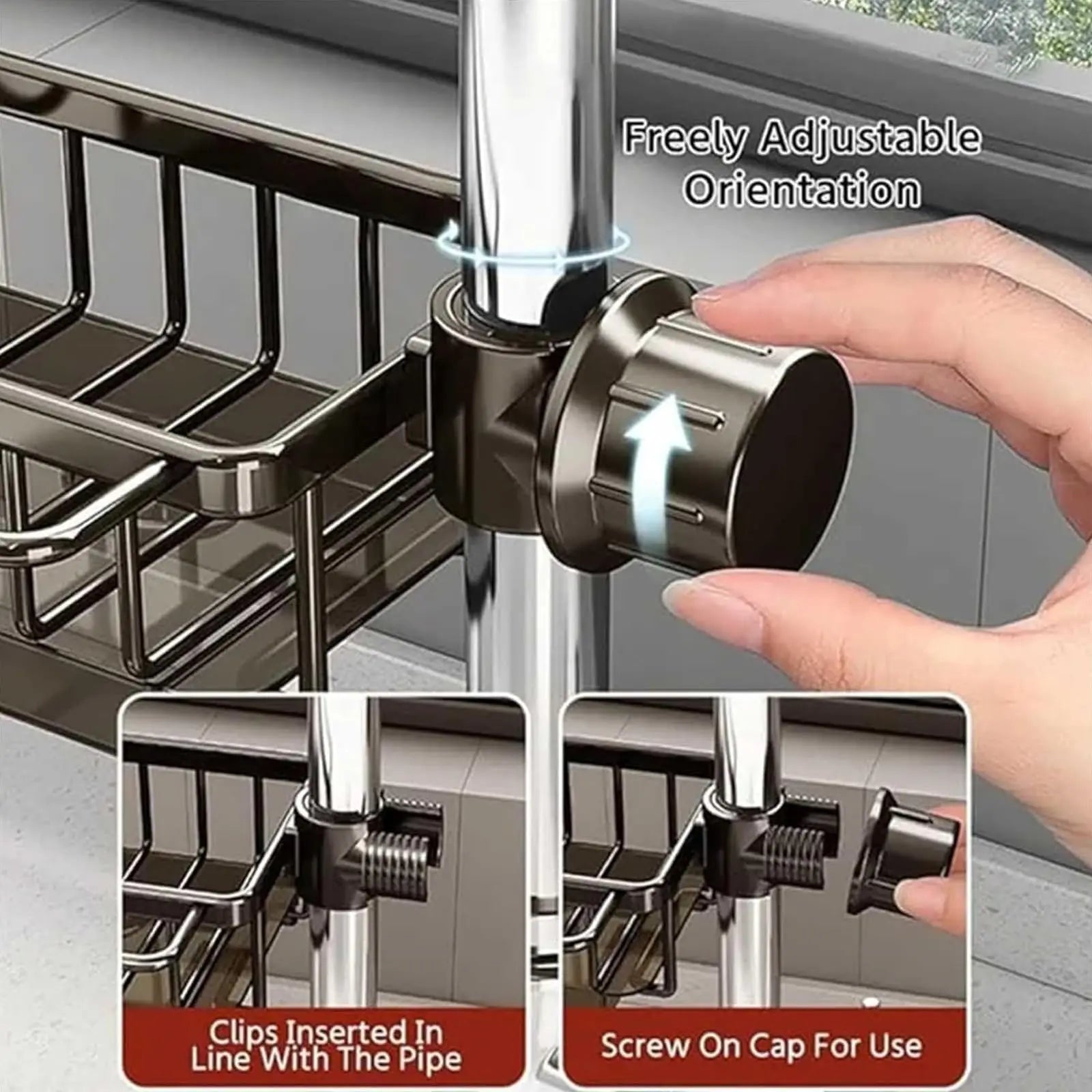 Kitchen Rack-Sink Faucet Organizer, Dish Sponge Holder, Adjustable Over Faucet for 0.7-1.1inch Round Water Pipe Rack