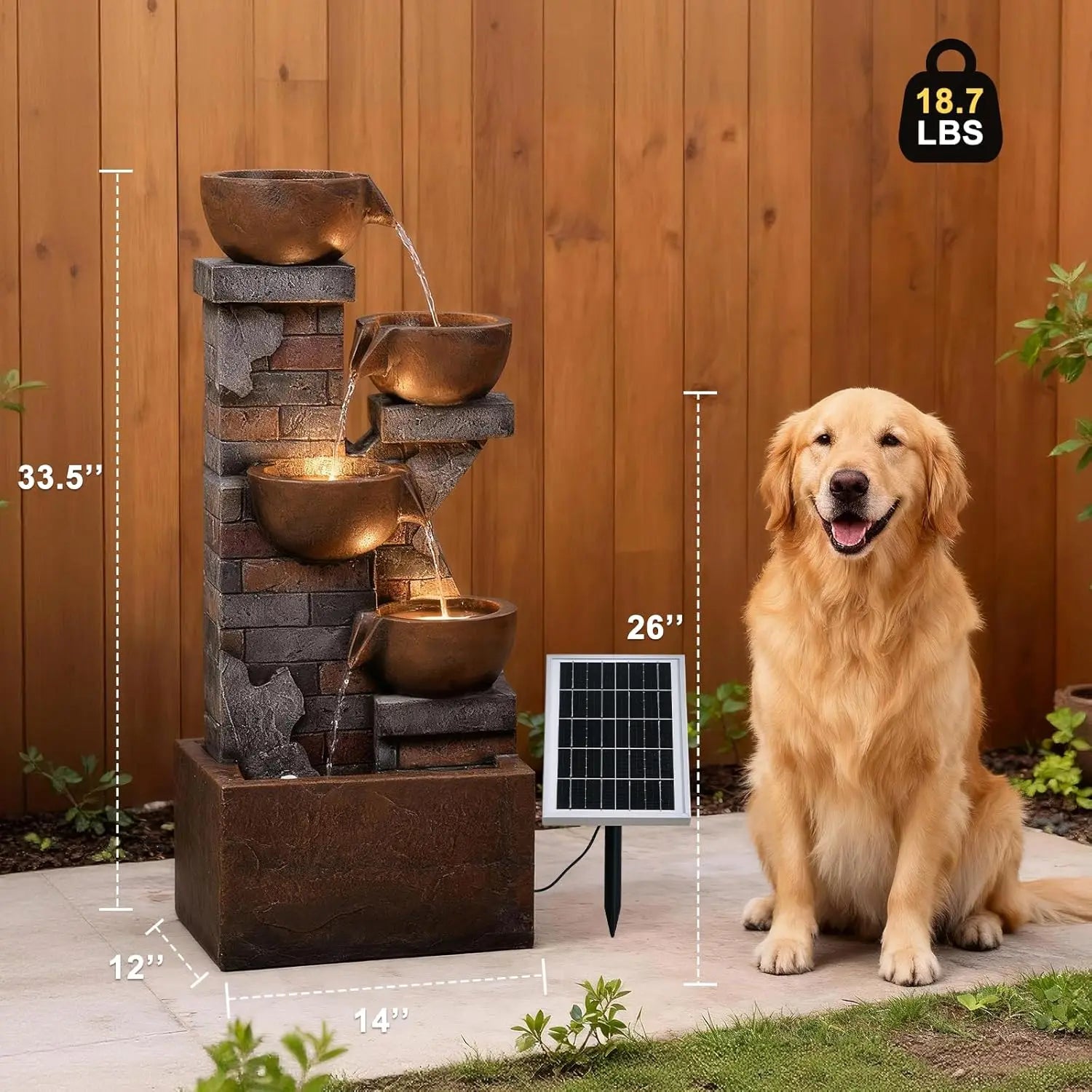 Water Fountain-LED Lights, 5 Tiers, Solar, Outdoor, 33.5" H Shape K Waterfall Fountain for Patio, Balconies, Lawns