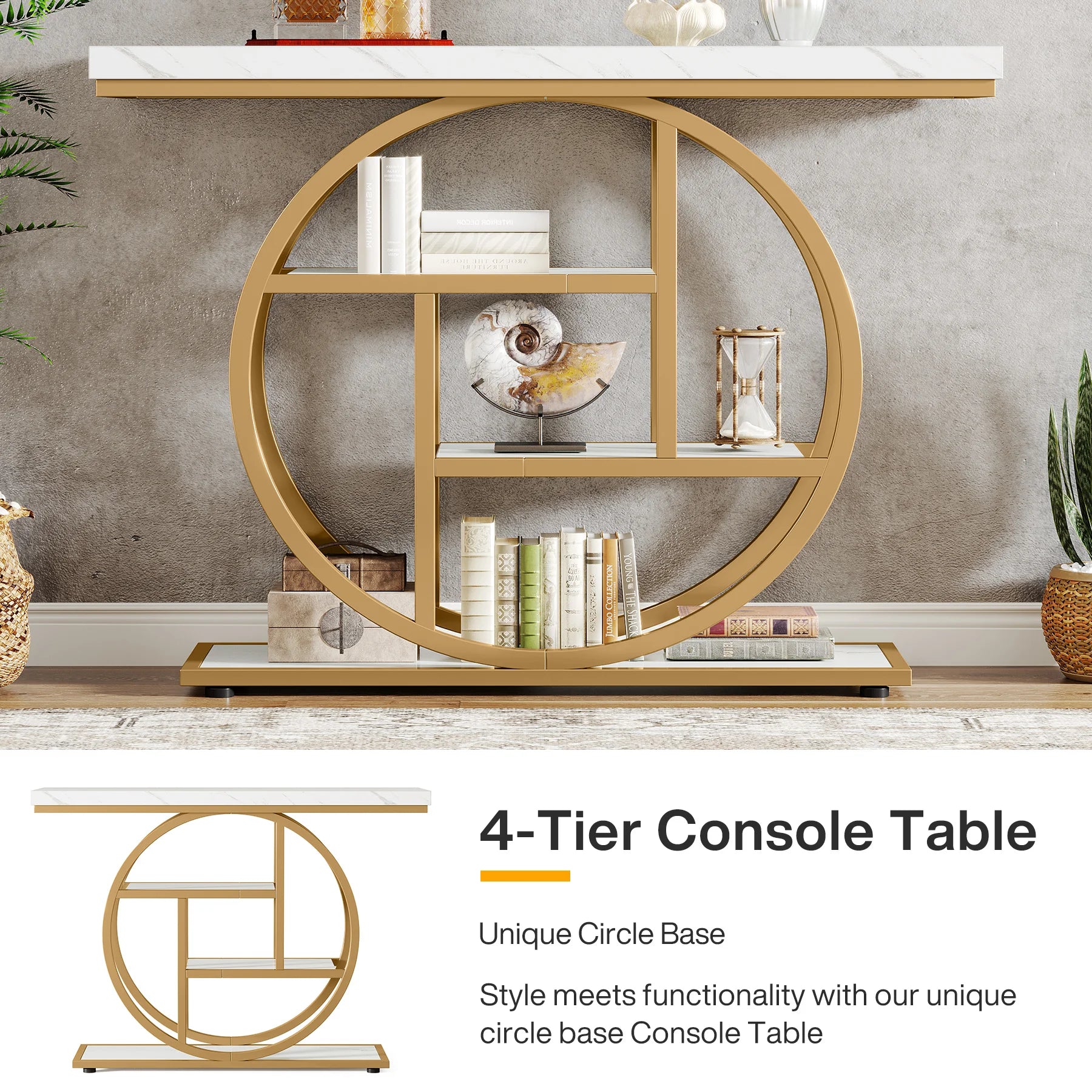 Accent Table-Modern Console Table, Gold, Sofa Table, Behind Couch, 4 Tier Storage, Entryway, Tribesigns