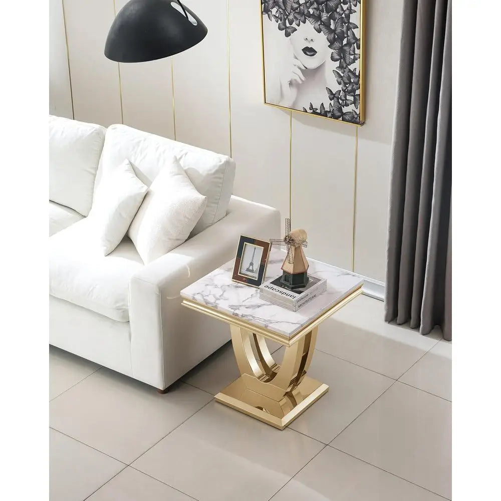 Coffee Table-Table Set, Marble Coffee Table, Square End Side Tables, Stainless Steel Legs, 2-Piece Living Room
