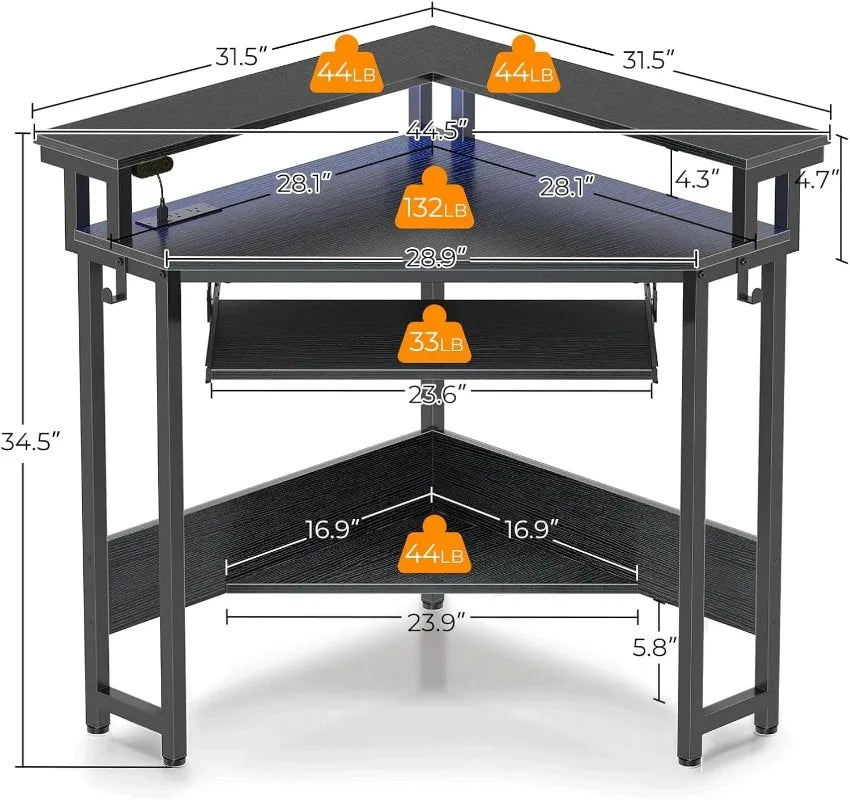 Corner Desk-Gaming, 44.5" W x 34.5" H, Small Computer Desk with Power Outlets, Home Office Desk, with LED Lights, Triangle Corner Desk