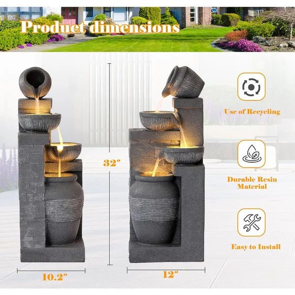 Water Fountain-4 Tiers, 32 inch, Cascading Resin Fountains and Waterfalls with LEDs and Bowls, Modern Floor-Stand, Outdoor/Indoor Garden