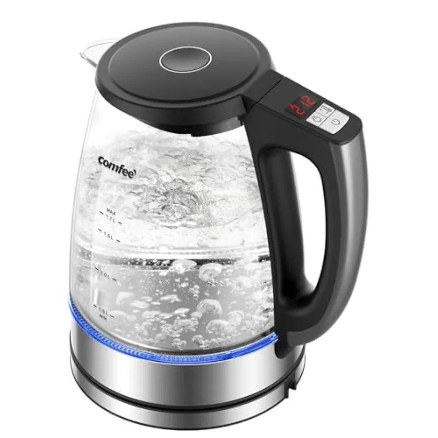 Electric Kettle-1.7L Glass Electric Tea Kettle, 304 Stainless Steel Filter, 6 Temperature Presets, Fast Heating, 2-Hour Keep Warm, Auto-Off