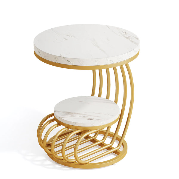 Accent Table-Gold Round Table, 2 Tiers Faux Marble Side Table, Table with Storage Shelf, Modern White Gold Bedside Table, Tribesigns