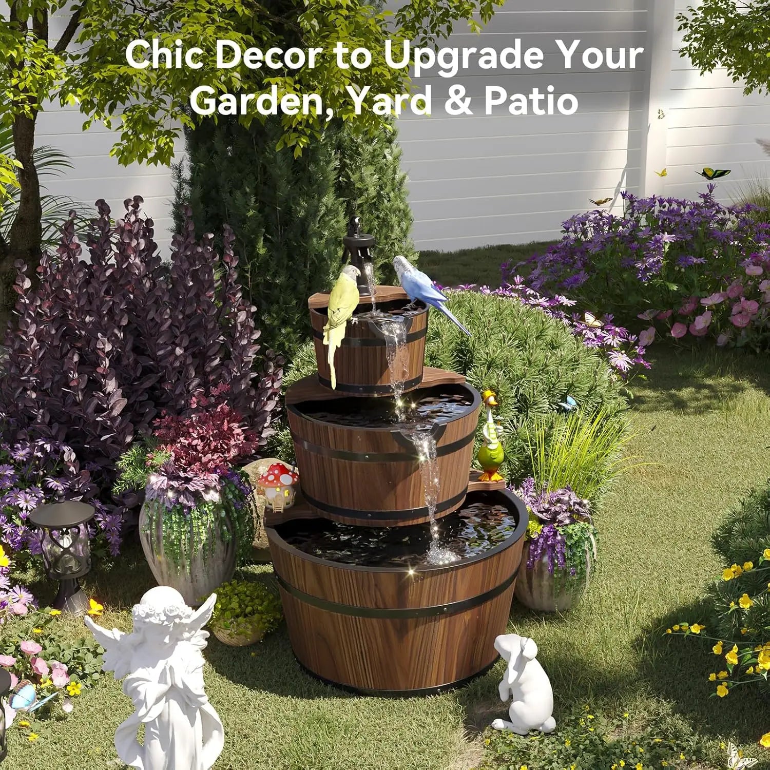 Water Fountain- 3-Tier Outdoor, Wood Barrel, Cascading, Electric Decorative Hand Pump, Rustic Waterfall Fountain