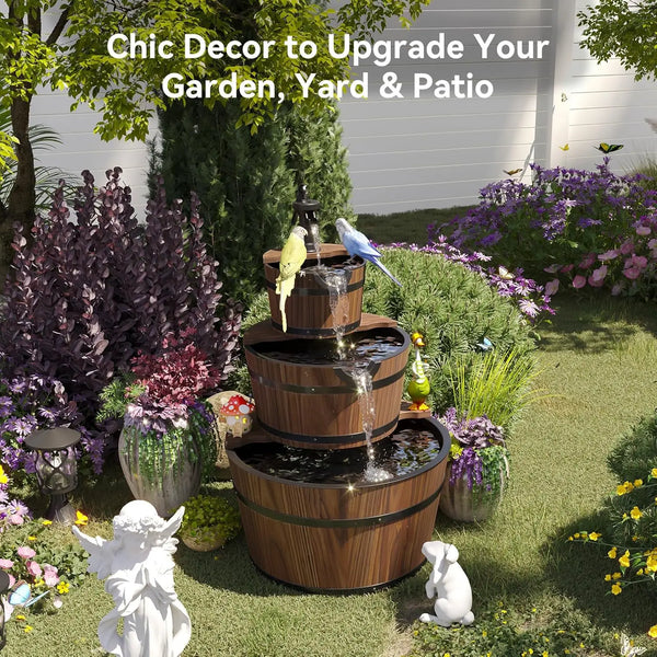Water Fountain- 3-Tier Outdoor, Wood Barrel, Cascading, Electric Decorative Hand Pump, Rustic Waterfall Fountain
