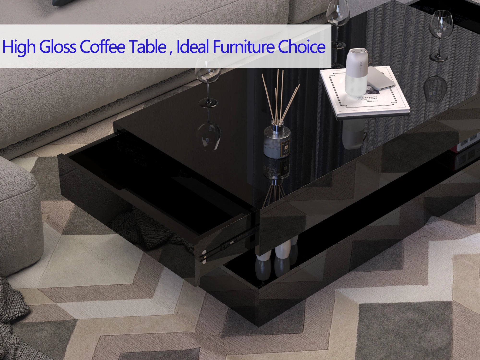 Coffee Table-47.2 High Glossy LED Coffee Table, Modern Center Table with 2 Storage Drawers for Living Room
