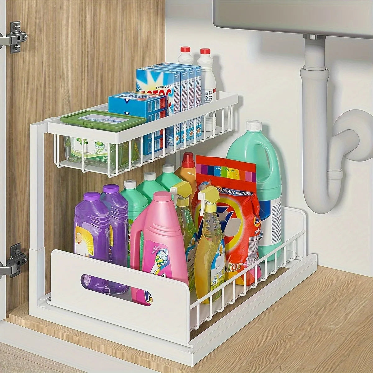Kitchen-Sliding Pull-out Cabinet Rack, 1/2pcs Metal Cabinet Sorting Rack, Lower Sink Kitchen Storage
