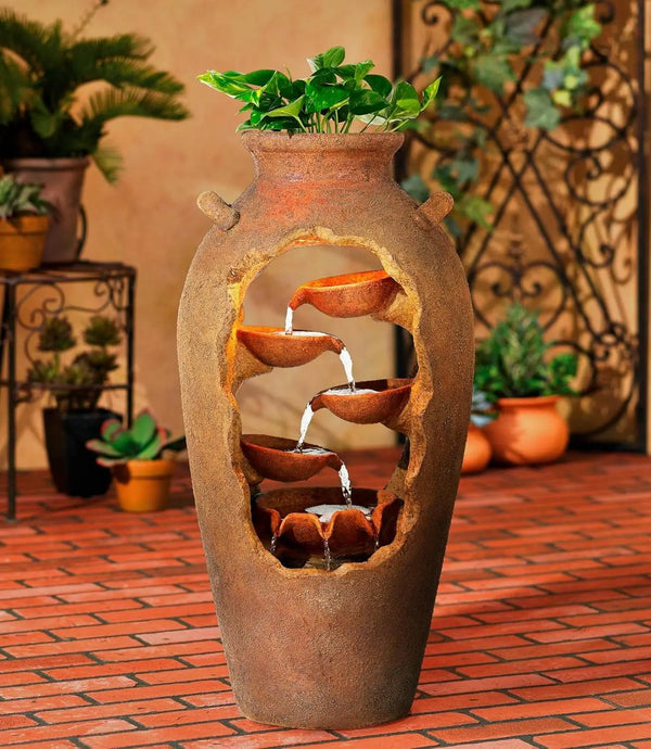 Water Fountain-Cascade Rustic Outdoor Floor Urn Waterfalls Fountain 33" High with LED Light and Planter Decor for Garden Patio Yard Deck Home