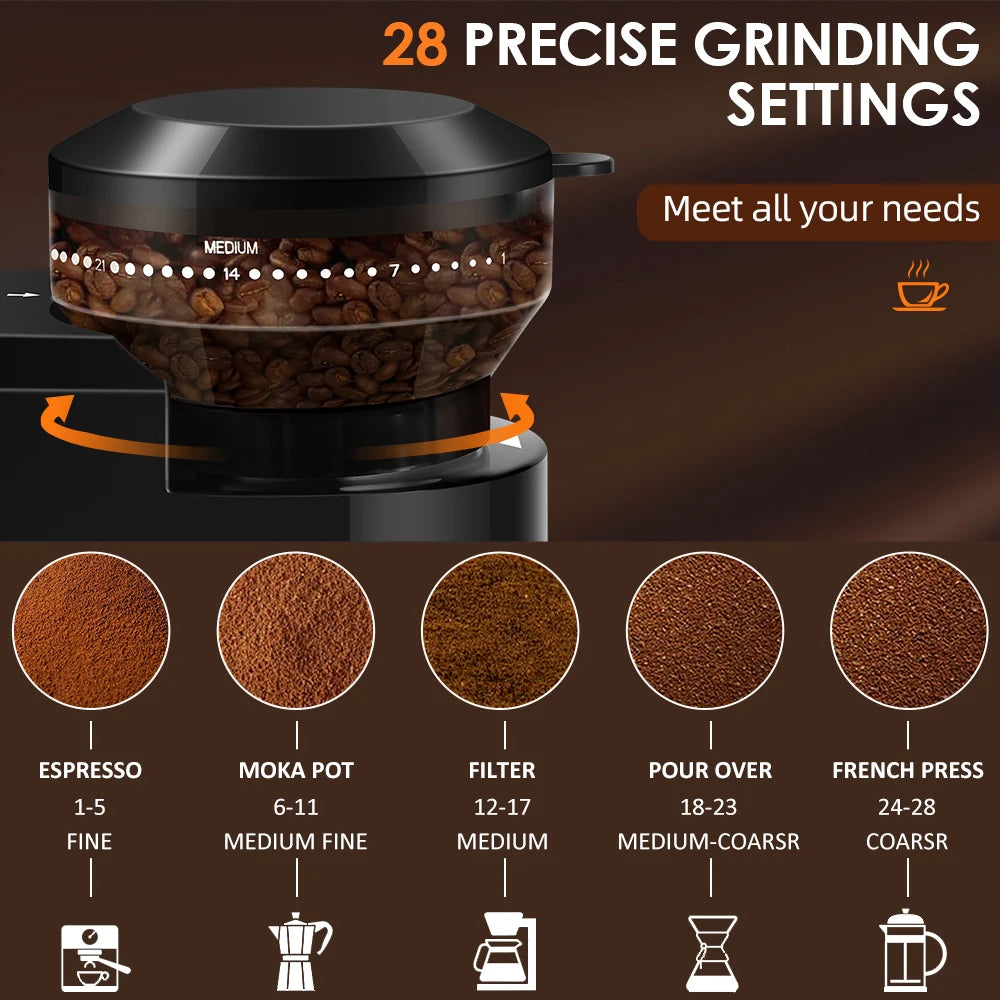Coffee Grinder-Automatic Burr Mill, Electric Coffee Bean Grinding, 28 Adjustable Gears for Espresso, French Press, Drip Coffee