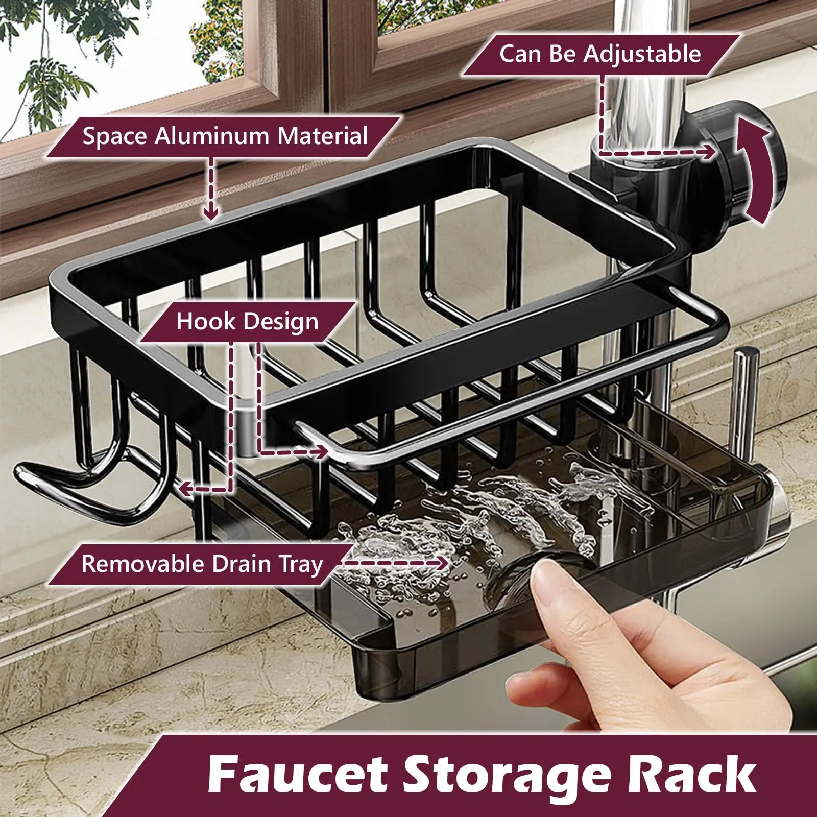 Kitchen Rack-Sink Faucet Organizer, Dish Sponge Holder, Adjustable Over Faucet for 0.7-1.1inch Round Water Pipe Rack