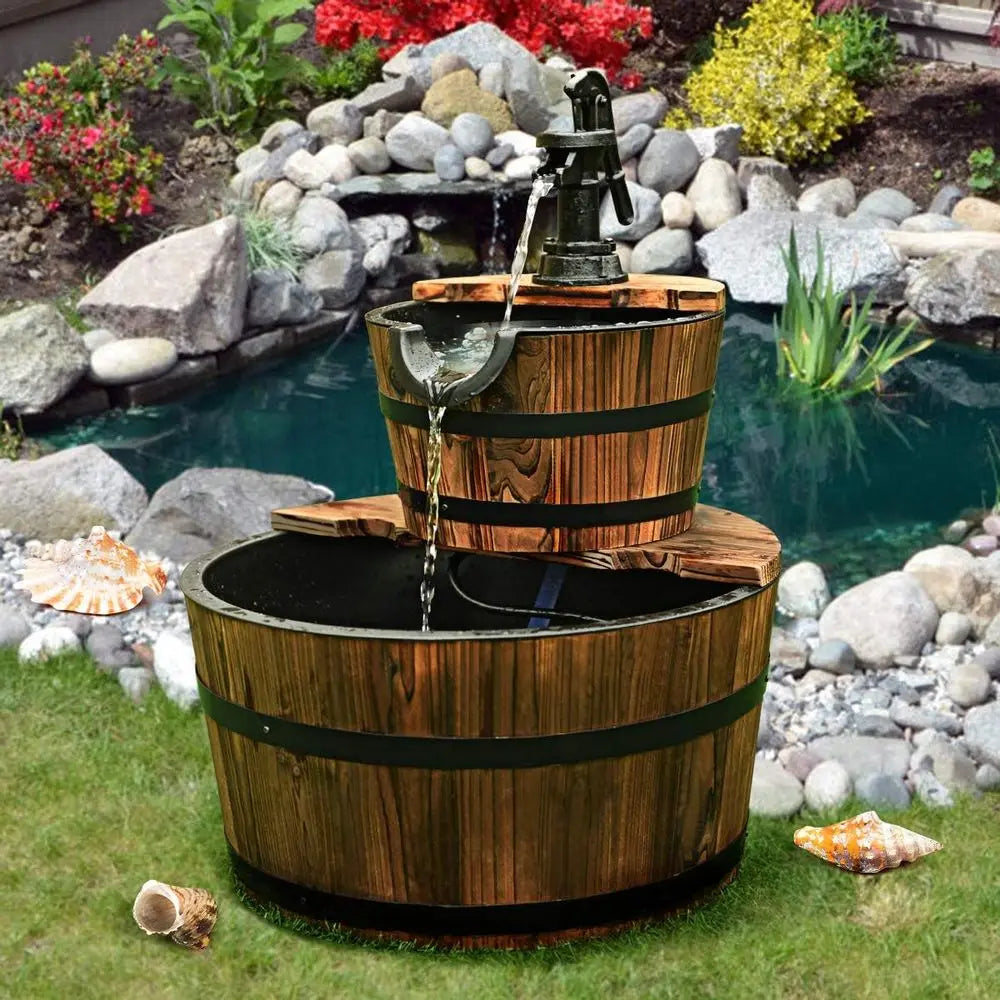 Water Fountain- 2-Tier Barrel Waterfall Fountain, Outdoor, Rustic Wood Barrel, Cascading Water Fountain with Electric Pump, Outdoor Water Feature
