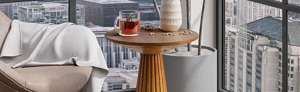 End Table - Compact Walnut Wood Round Pedestal – Martini Table & Plant Stand for Small Spaces