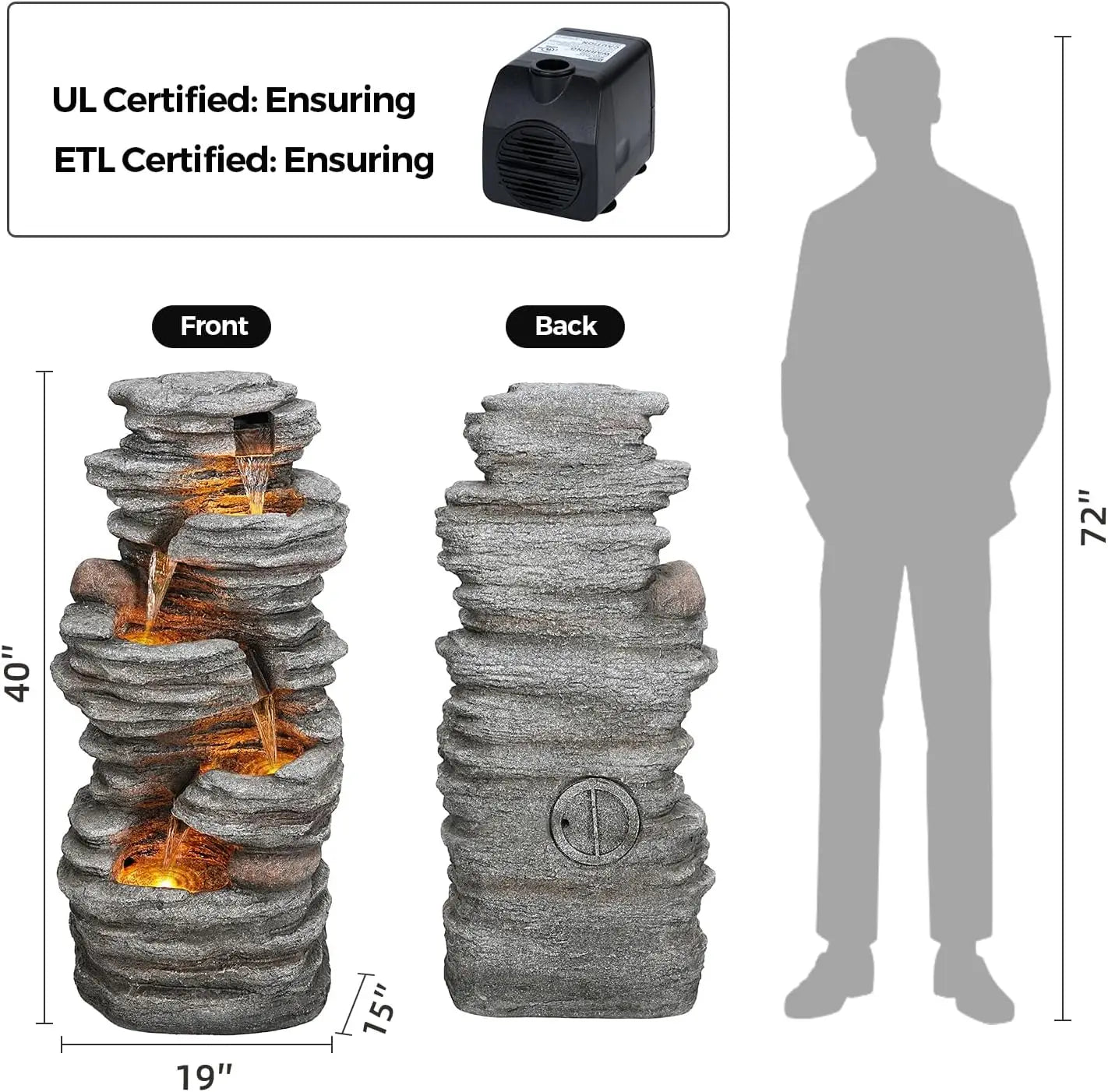 Water Fountain-LED Lights, 5-Tier Cascading Rock Waterfall,  40 in Tall, Outdoor, Natural Rock Look