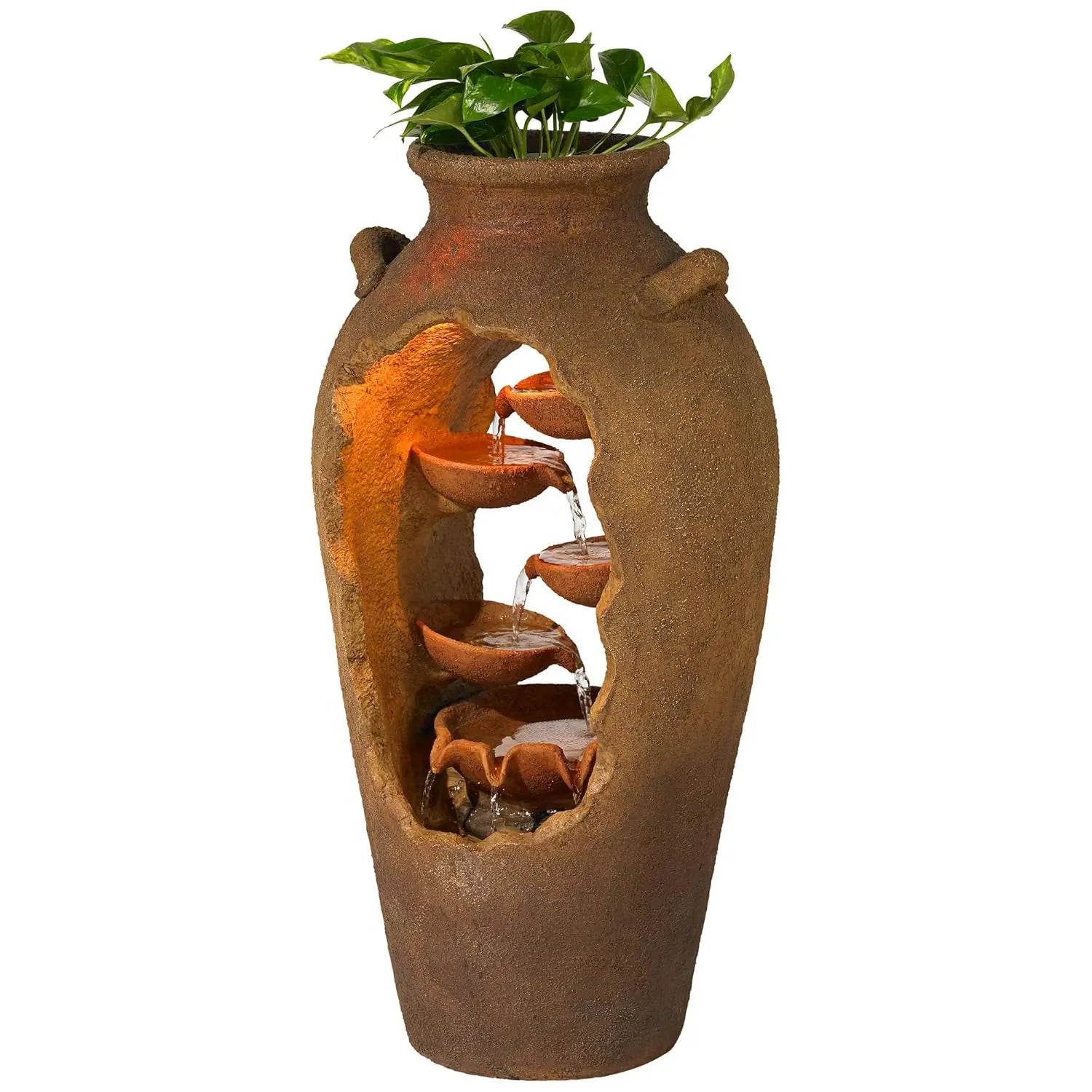 Water Fountain-Cascade Rustic Faux Stone Floor Fountain, Urn Waterfalls Fountain, 33" High with LED Light, Planter Waterfall