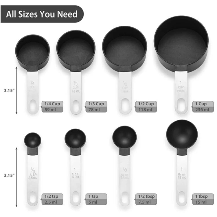 Kitchen Tools-Measuring Cups and Spoons Set of 8 Pcs Nesting Measure with Stainless Steel Hle Dry Liquid Ingredient