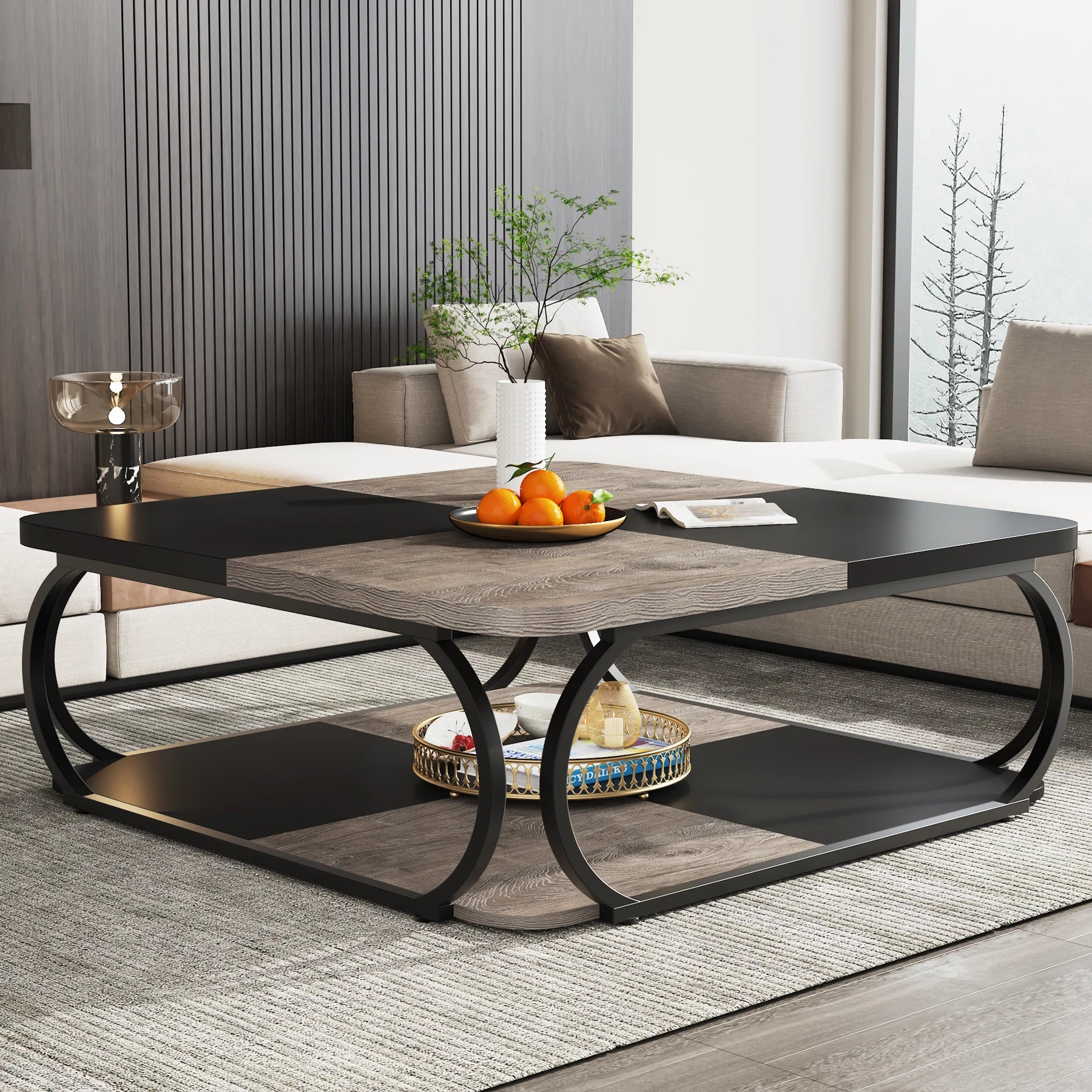 Coffee Table-Tribesigns Square Coffee Table, with 2 Tiers, 40 inches, Low Farmhouse Coffee Table, with Wood Storage Shelf, Heavy Duty Metal Curve