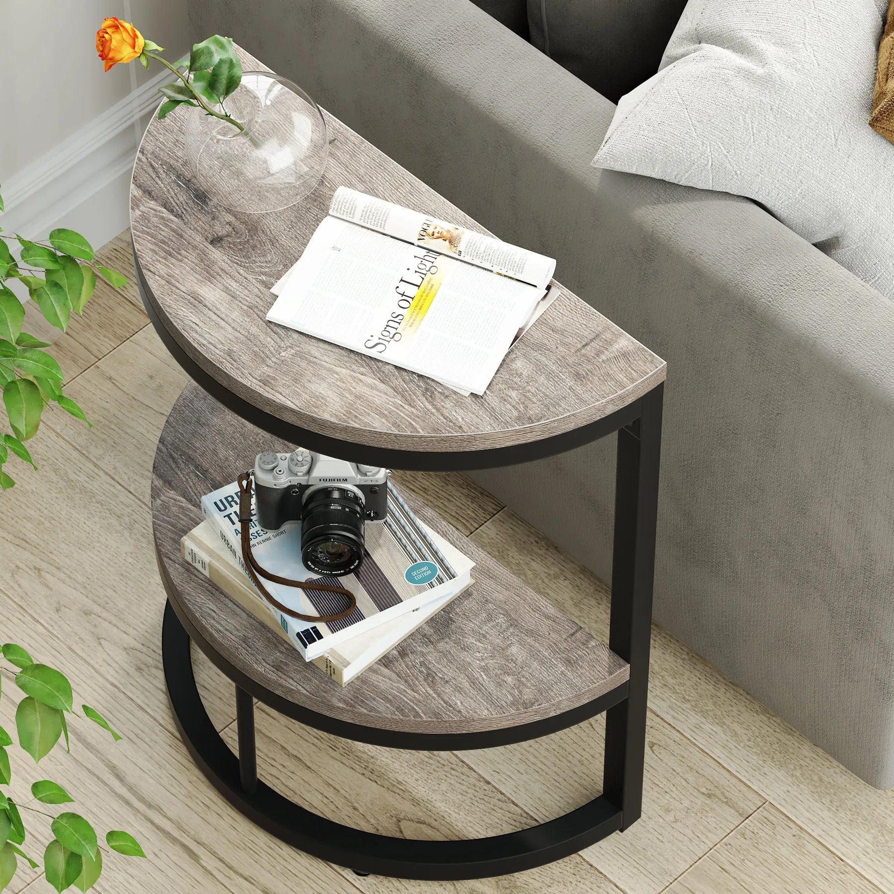 End Table-Semi Circle, Small Half Round, Side Table with Storage Shelf, Accent Table, Slim C Table for Sofa Couch, Tribesigns