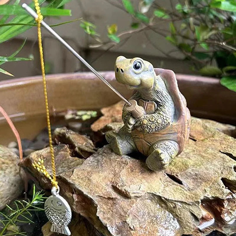 Figurine-Creative Rope Fishing Turtle, Cute Simulation, Turtle Resin Figurine, Animal Sculpture, Outdoor, Home, Garden