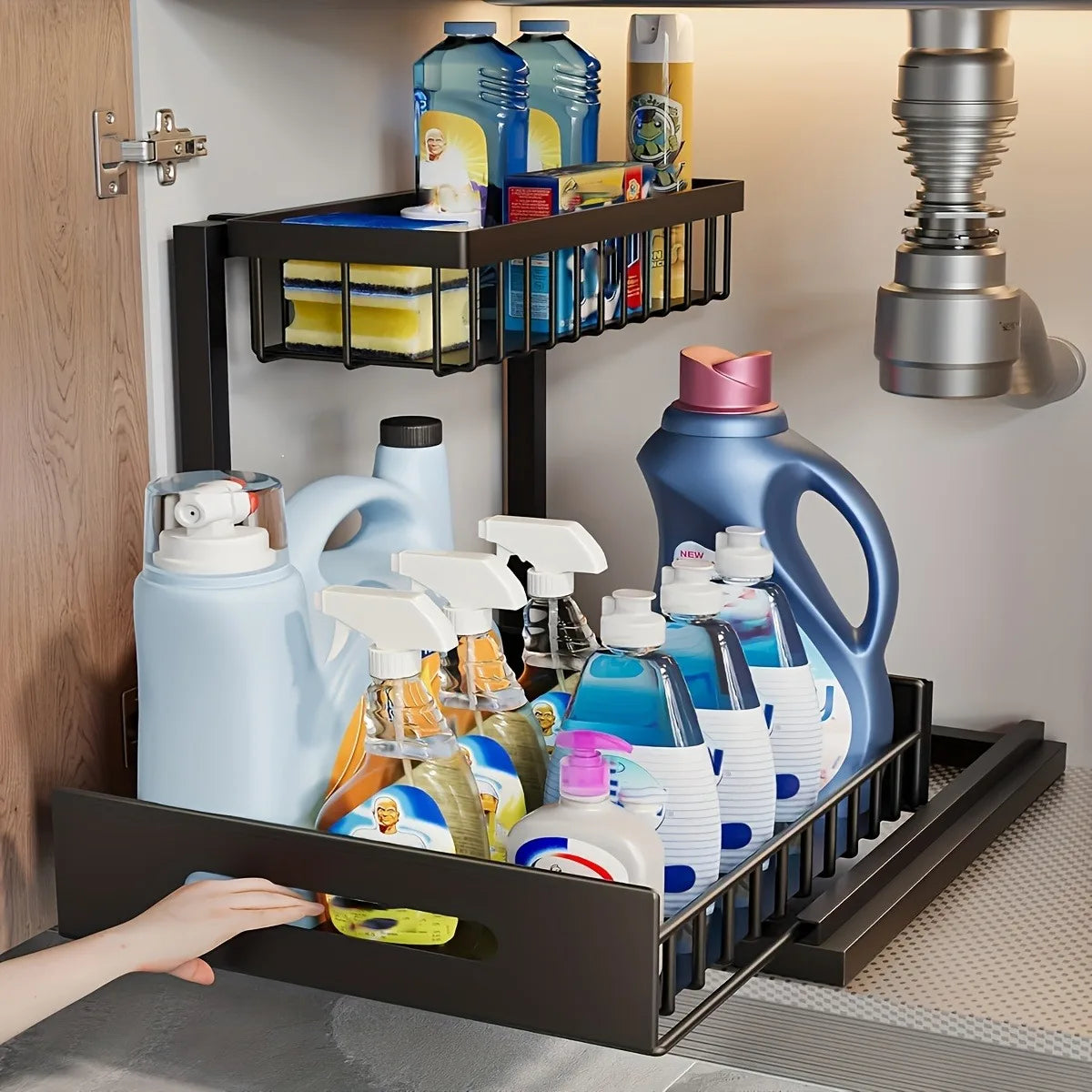 Kitchen-Sliding Pull-out Cabinet Rack, 1/2pcs Metal Cabinet Sorting Rack, Lower Sink Kitchen Storage
