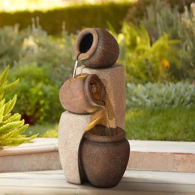 Outdoor Decor: Floor Fountain: Cascading Rustic Outdoor Floor Three Jugs Fountain and Waterfalls