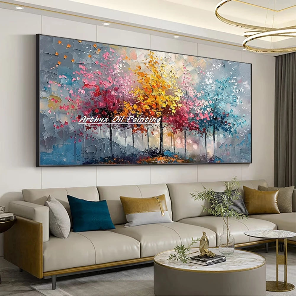 Canvas Art-Hand painted, Palette Knife, Tree, Oil Painting on Canvas, Modern Abstract Landscape Art Poster, Wall Pictures, Home Decor, Arthyx,Large