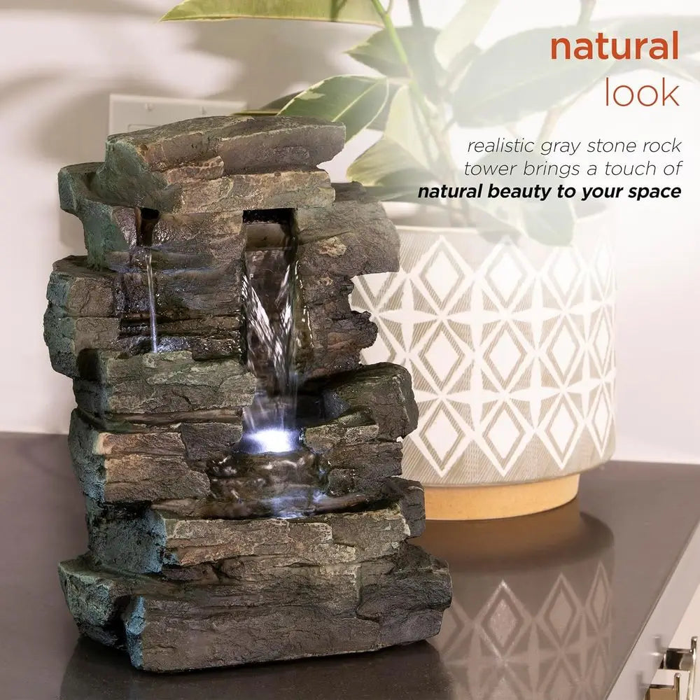 Water Fountain-LED Lights, 13 in Tall, Indoor Tabletop, 4 Tier Cascading, Water Feature, Home, Living Room, Zen Decor,