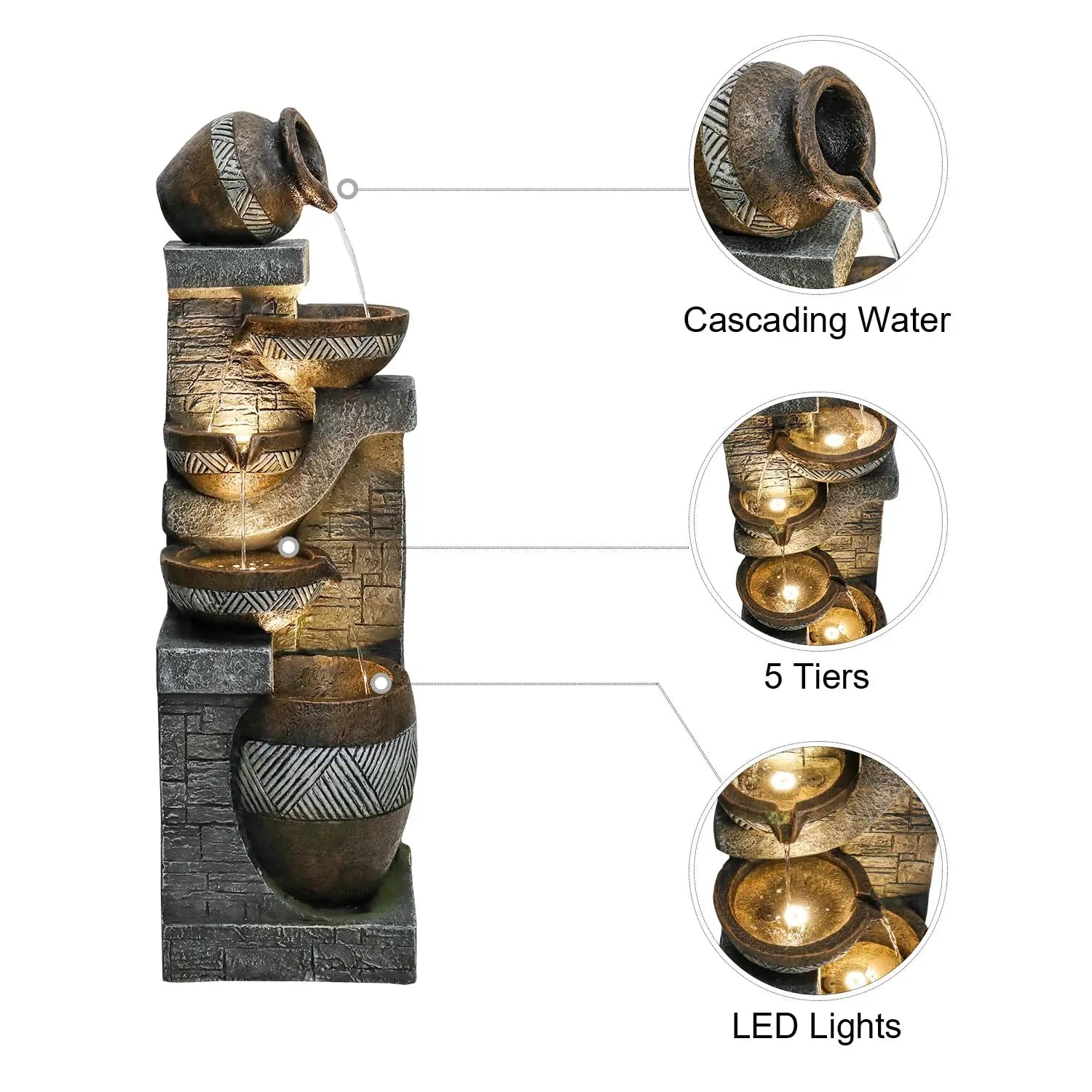 Water Fountain- 5-Tiers Indoor/Outdoor Water Fountain, 42.5 inches, Modern Floor-Standing Cascading Water Feature