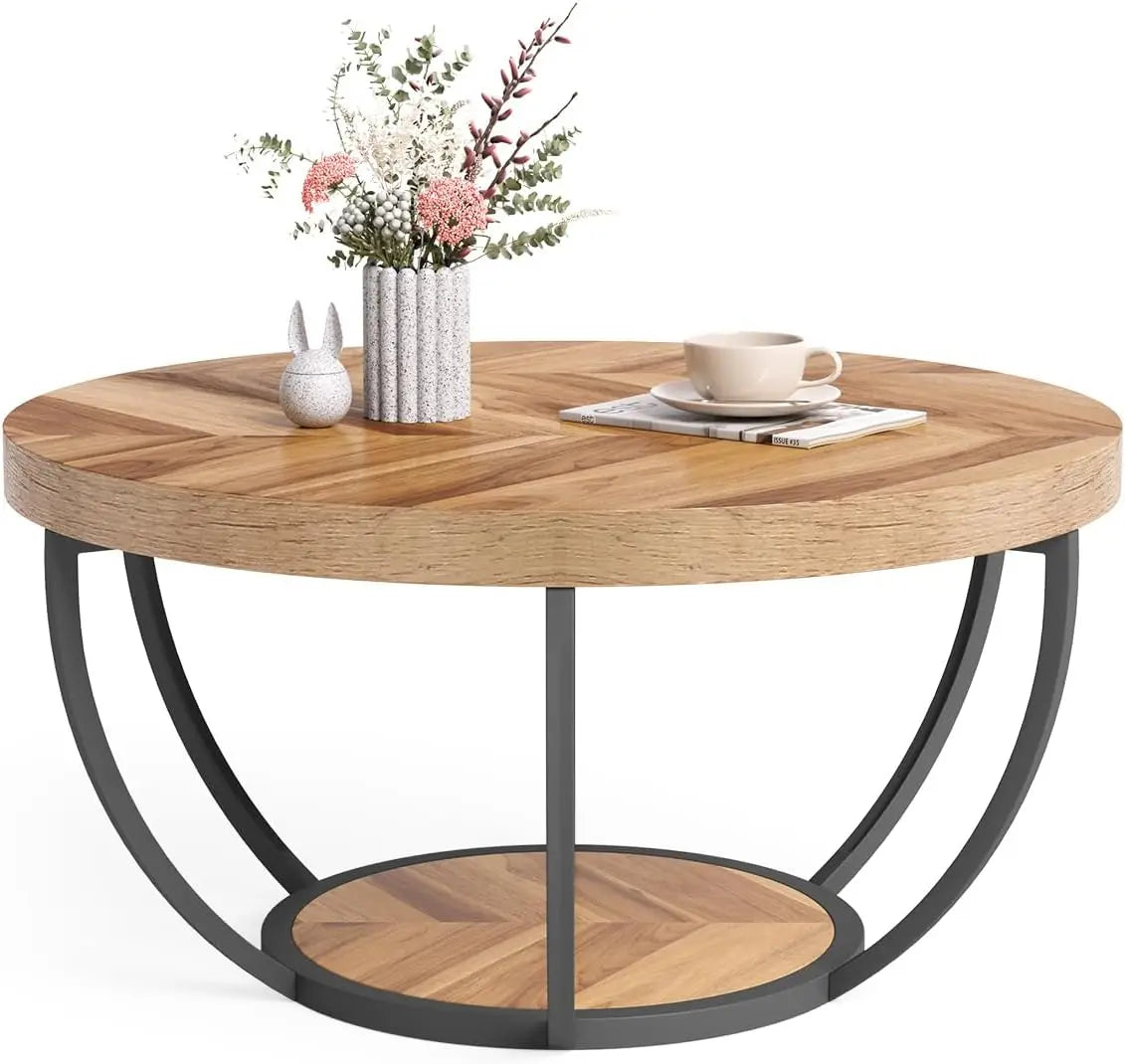 Accent Table-Circle Marble 32 inch – Modern Stylish 2-Tier Center Table with Golden Frame for Living Room