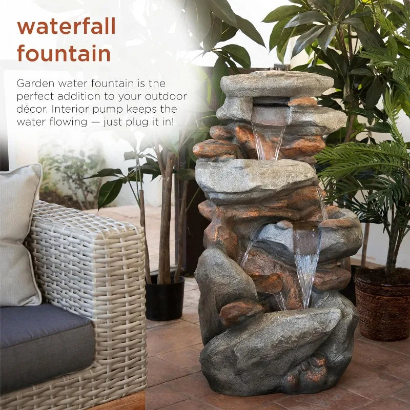 Water Fountain-White LED Lights, Rock Water Feature, 4 Tier Cascading Streams, 40" Floor Fountain, Tranquil Outdoor Water Feature, Garden, Patio, Yard