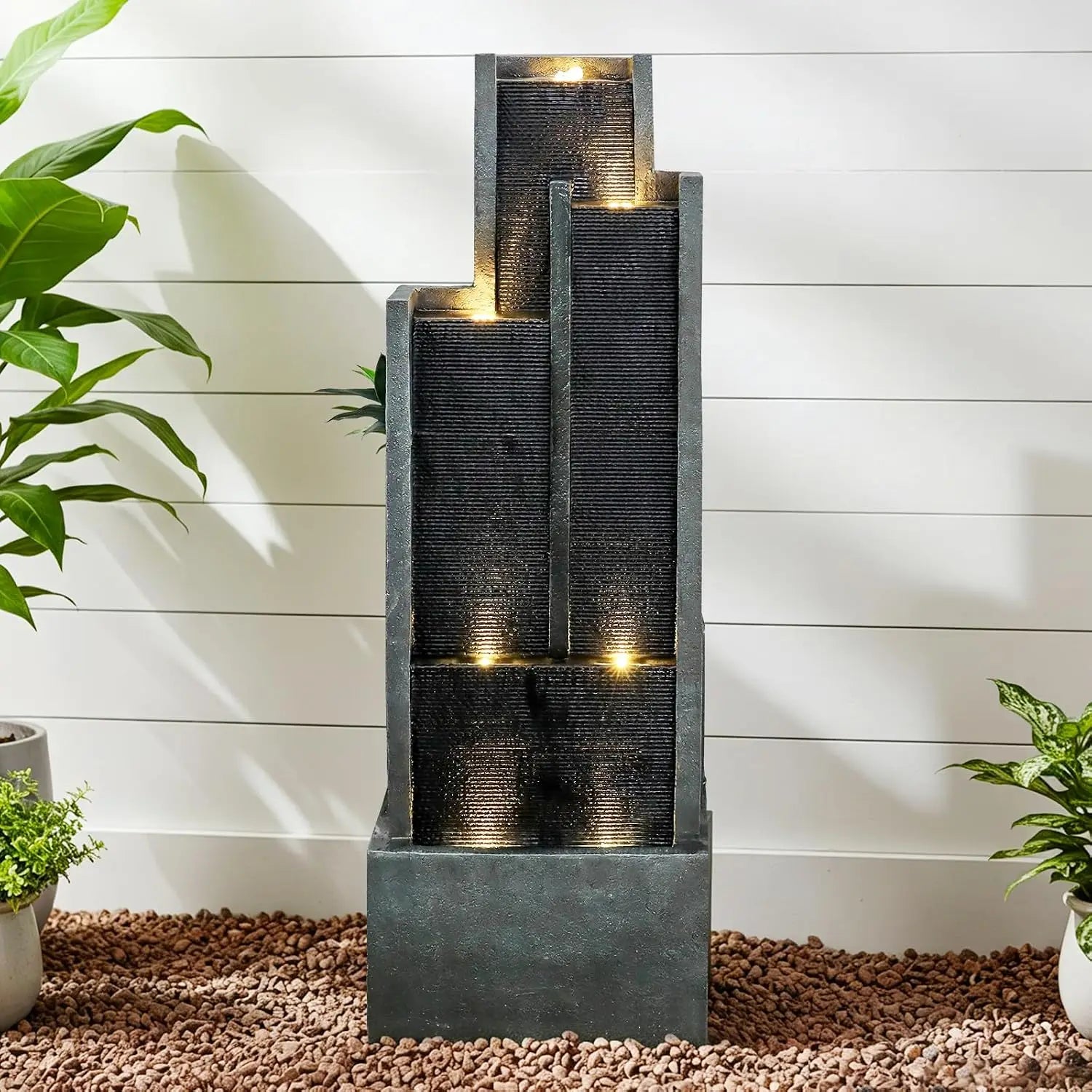 Water Fountain-50.7" Outdoor Water Fountain with LED & Pump, Modern Resin Floor Cascading Waterfall for Garden Patio, Customized