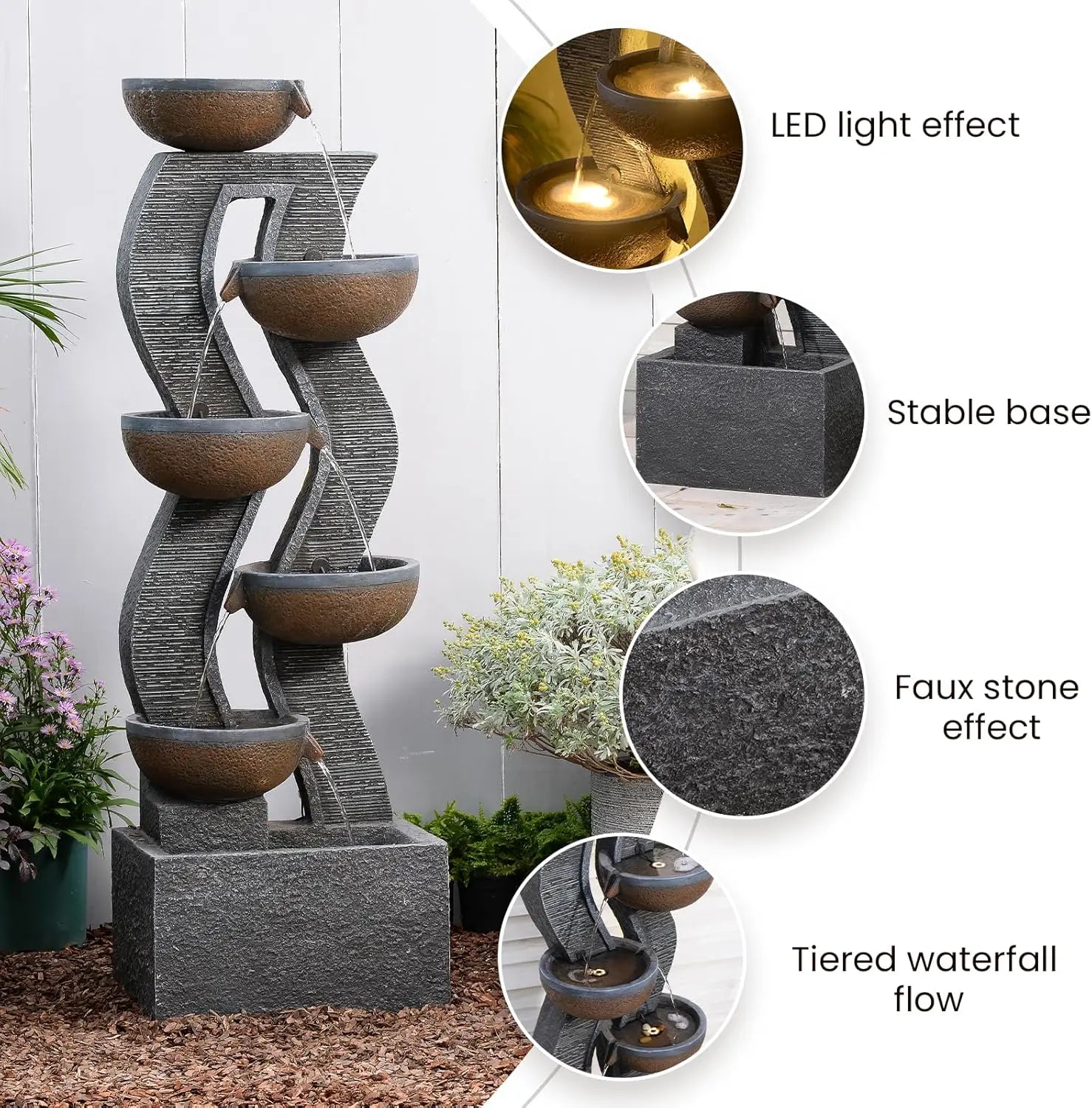 Water Fountain-LEDs Lights, 6-Tier Cascading, Resin, 52.8 in High, Waterfall, Porch, Garden, Yard, Deck, Patio