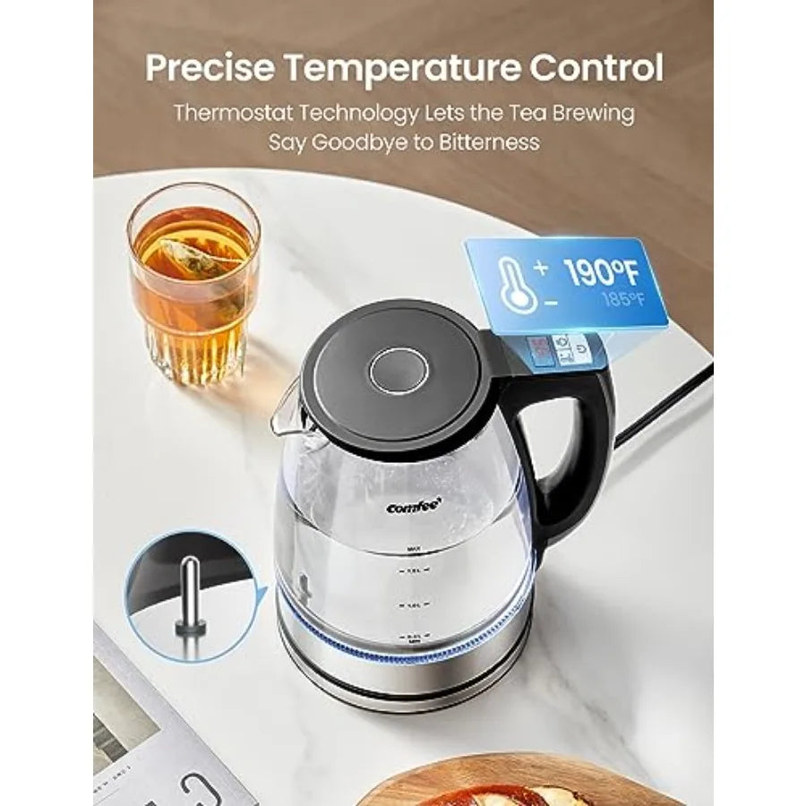 Electric Kettle-1.7L Glass Electric Tea Kettle, 304 Stainless Steel Filter, 6 Temperature Presets, Fast Heating, 2-Hour Keep Warm, Auto-Off
