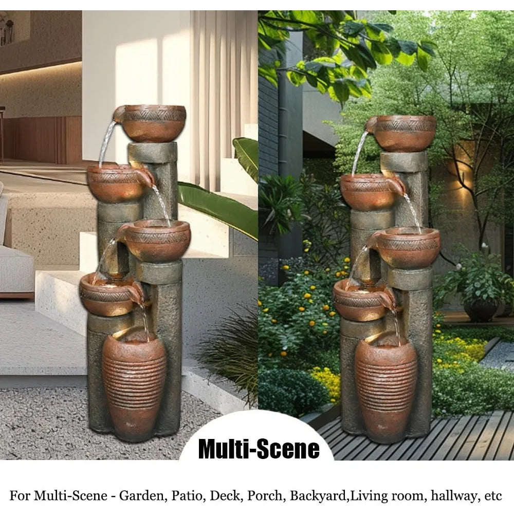Water Fountain-Outdoor Water Fountain, Resin Fountain for Garden, 5 Tier Floor Patio, Deck, Porch, Backyard and Home Art