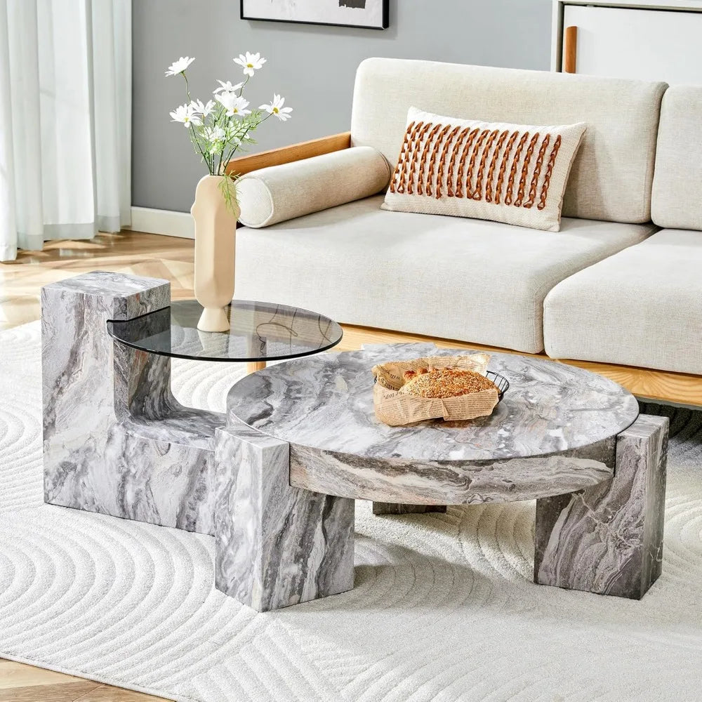 Coffee Table-Round Set of 2, Gray Faux Marble, Glass top End Table, Modern Circular Detachable Nesting